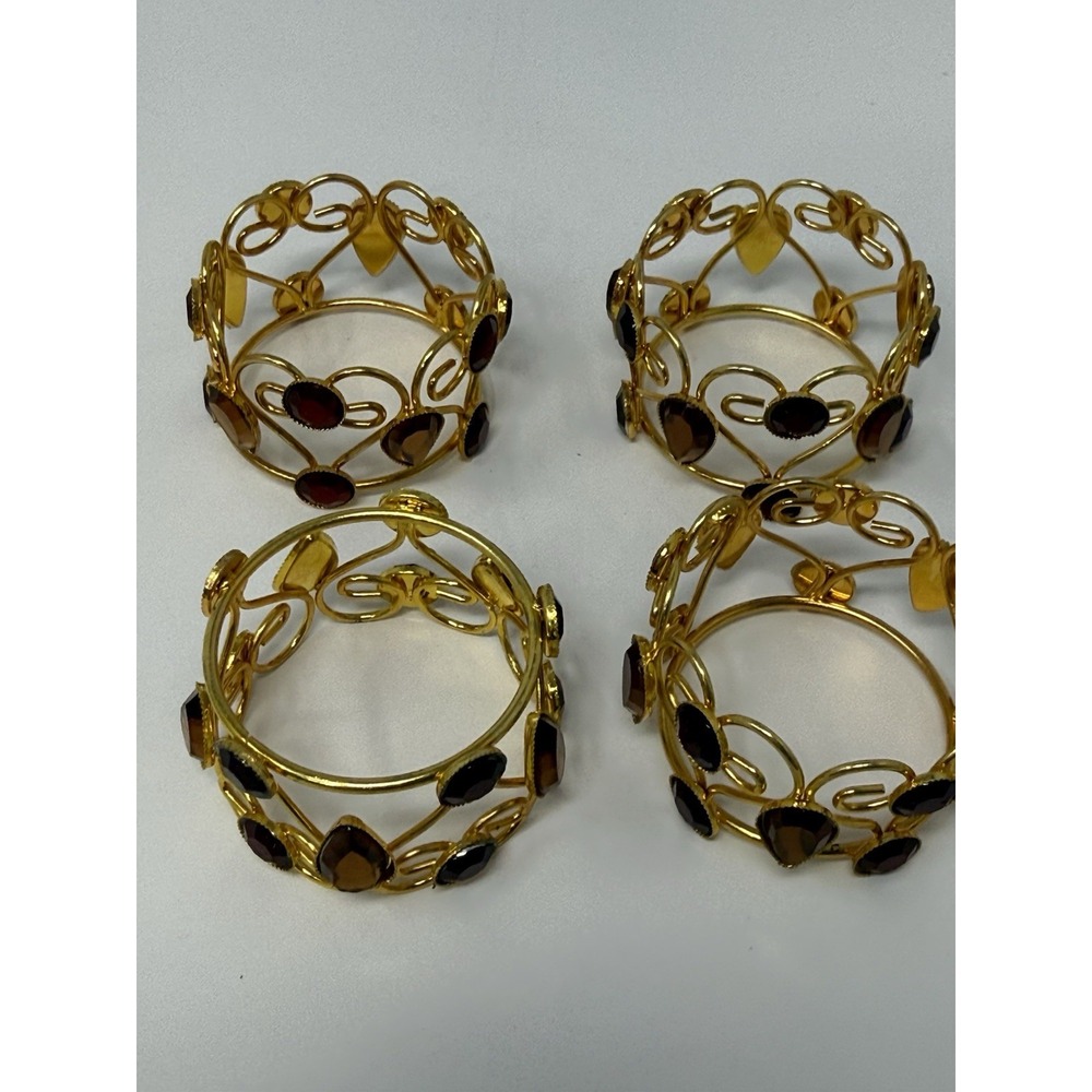 4 Pier One Imports Holiday Jeweled Napkin Rings Red & Amber Set In Gold Tone